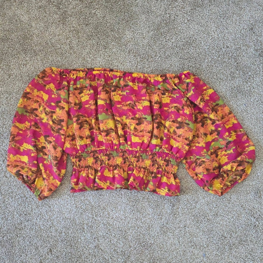 It's Pink Orange Abstract Floral Off Shoulder Smocked Crop Top Balloon Sleeve L